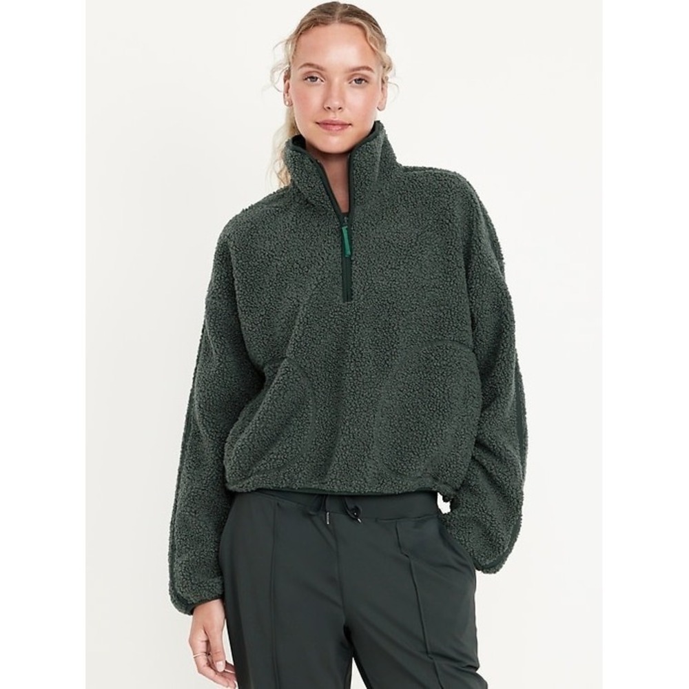 Old Navy Sherpa Quarter Zip Oversized Jacket In Dark Ivy Green Plus Size 2X Cozy